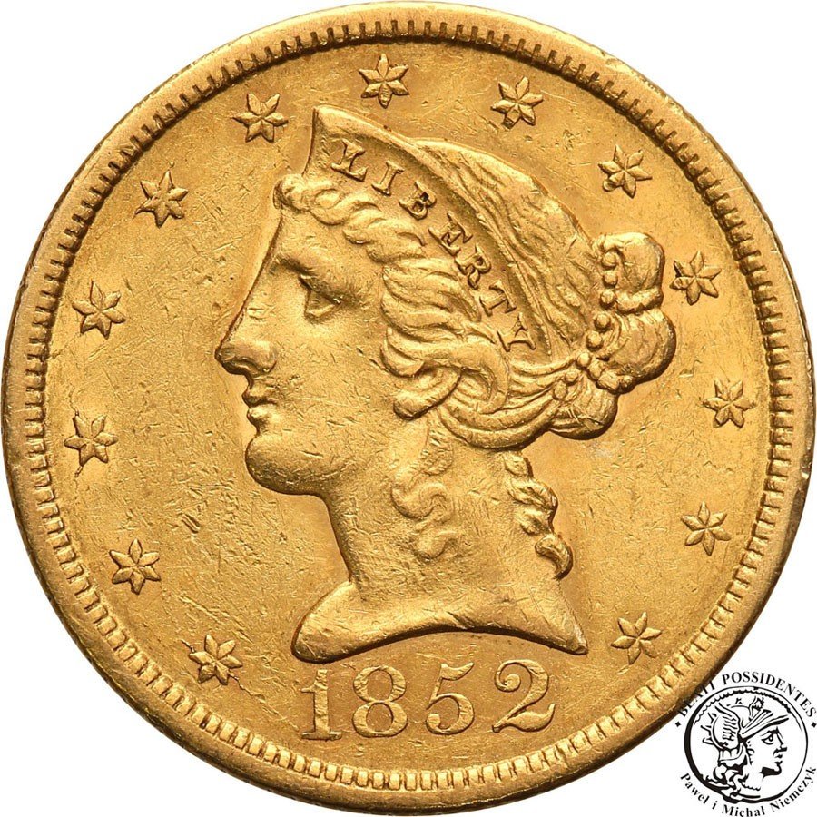 USA 5 dolarów 1852 Liberty Head Philadelphia st.2+